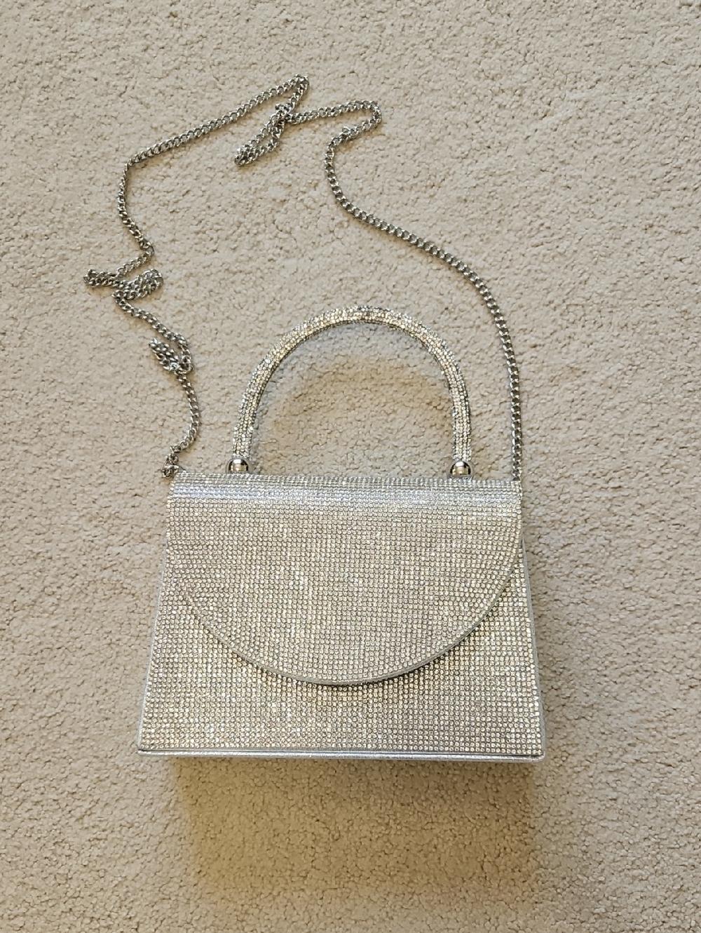 Silver Crystal Mini Top-Handle Evening Bag with Chain Strap